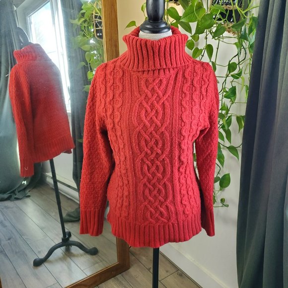 EDDIE BAUER | Turtleneck Cableknit Ribbed Hem Long Sleeve Red Sweater (Size M) - Picture 2 of 12